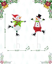 Glitzhome Metal Christmas Skiing Snowmen Yard Stakes, Set of 2