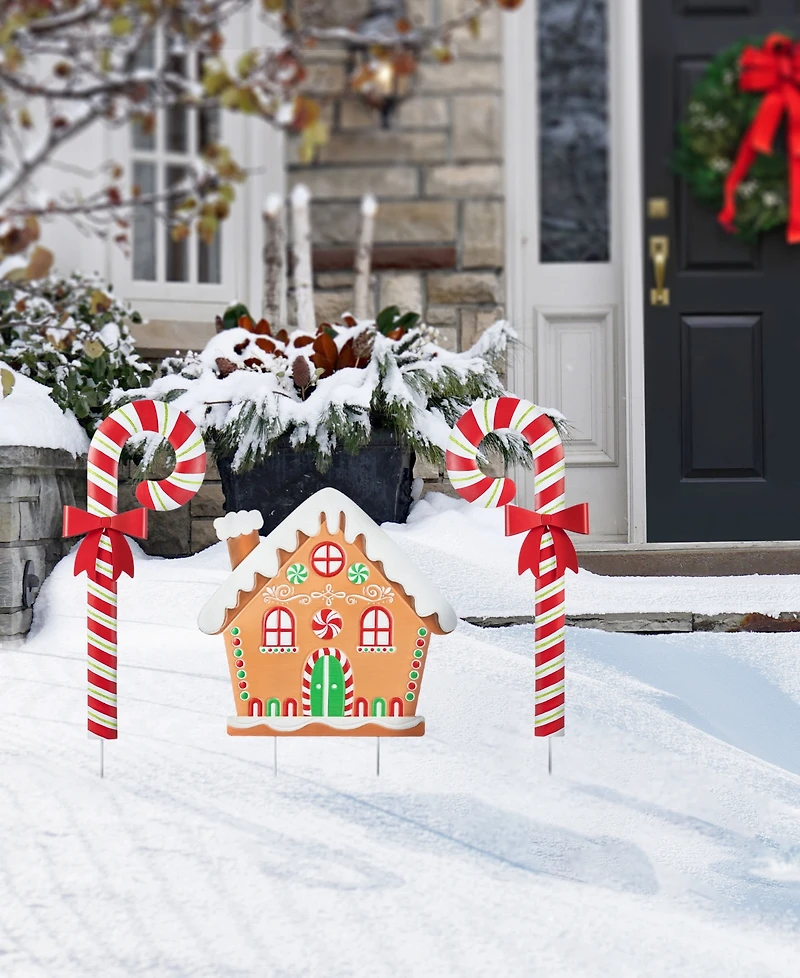 Glitzhome Metal Christmas Gingerbread House and Candy Cane Yard Stakes, Set of 3