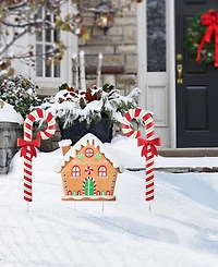 Glitzhome Metal Christmas Gingerbread House and Candy Cane Yard Stakes, Set of 3