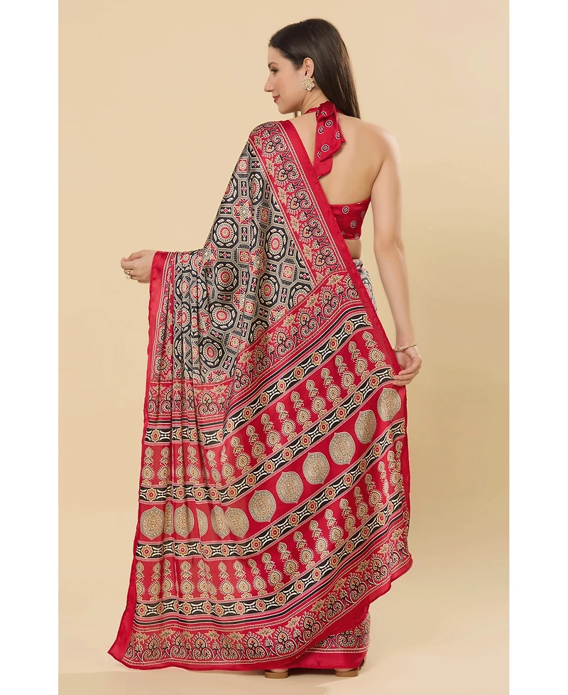 One Minute Saree Women's Zoya Ajrakh Red Ready to Wear Satin Printed One Minute Saree