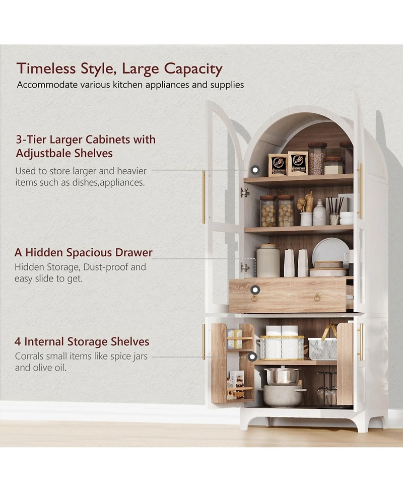 Casainc 71" Kitchen Pantry Cabinet with Door Shelves, Farmhouse Kitchen Storage Cabinet with Open & Adjustable Shelves, Hidden Drawer & Glass Doo