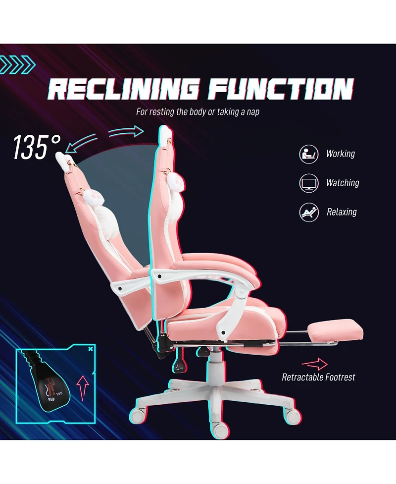 Homcom Cute Gaming Chair, Reclining Gamer Chair with Footrest,
