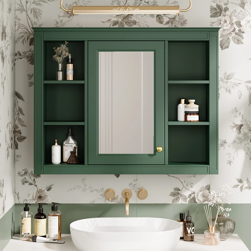 Casainc 35" x 27.5" Bathroom Mirror Cabinet with 6 Open Shelves, Wall Mounted Medicine (No Vanity)