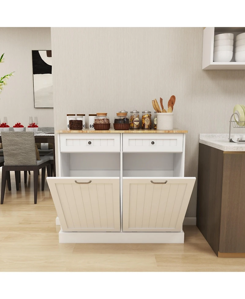 Casainc Tilt-Out Trash Cabinet with Two Drawers and Dual Compartments for Kitchen Waste Storage