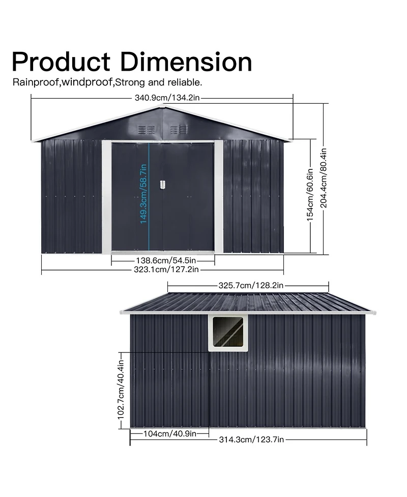 Streamdale Furniture Metal garden sheds 11.2ftx10.6ft outdoor storage sheds Grey with window