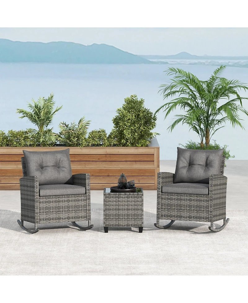 Slickblue Weather-Resistant 3-Piece Patio Rocking Chair Set with Cushions and Tempered Glass Table – Ideal for Outdoor Lounging