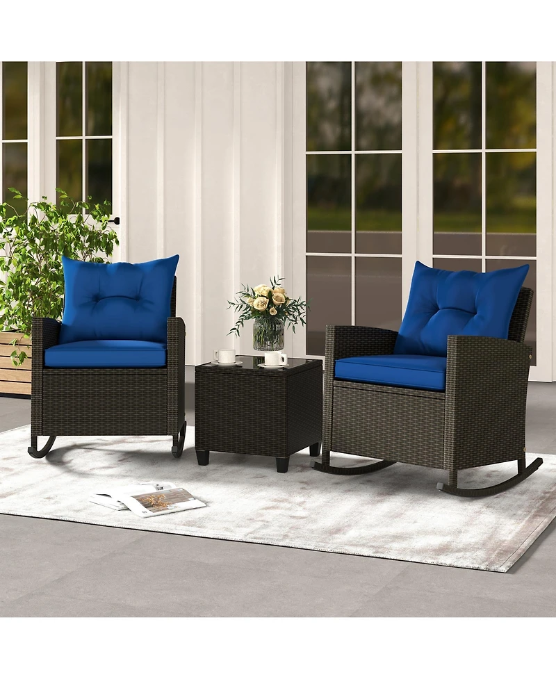 Slickblue Weather-Resistant 3-Piece Patio Rocking Chair Set with Cushions and Tempered Glass Table – Ideal for Outdoor Lounging