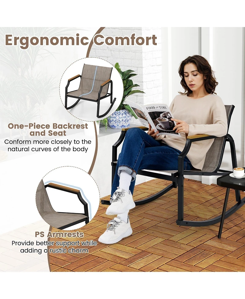 Slickblue Outdoor 3-Piece Rocking Chair Bistro Set with Armrests and Glass-Top Coffee Table – Ideal for Porch or Garden