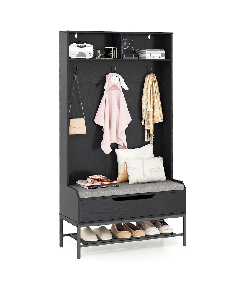 Slickblue Tall Coat Rack Hall Tree with Padded Seat and Shoe Storage – All-in-One Entryway Organizer