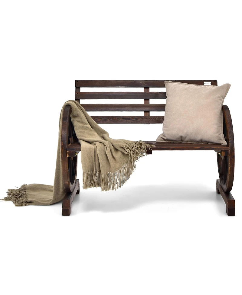 Gymax Patio Wagon Wheel Bench Outdoor Garden Wooden Rustic Bench w/ Slatted Design