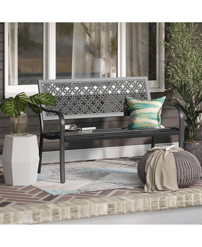 Mondawe All-Iron Park Chair With Floral Backrest,Multi-Layer Rustproof Coating & Adjustable Foot Pad