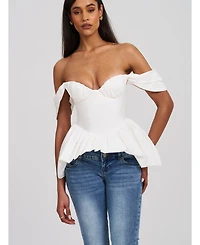 Miss Circle Women Qistina White Off-shoulder Bubble Hem Peplum Cotton Top