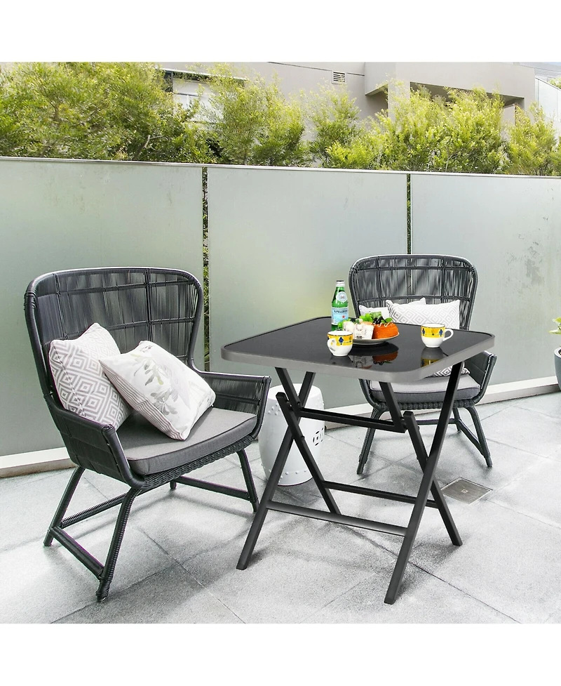 Gymax Patio Folding Square Dining Table Aluminum Frame Tempered Glass top
