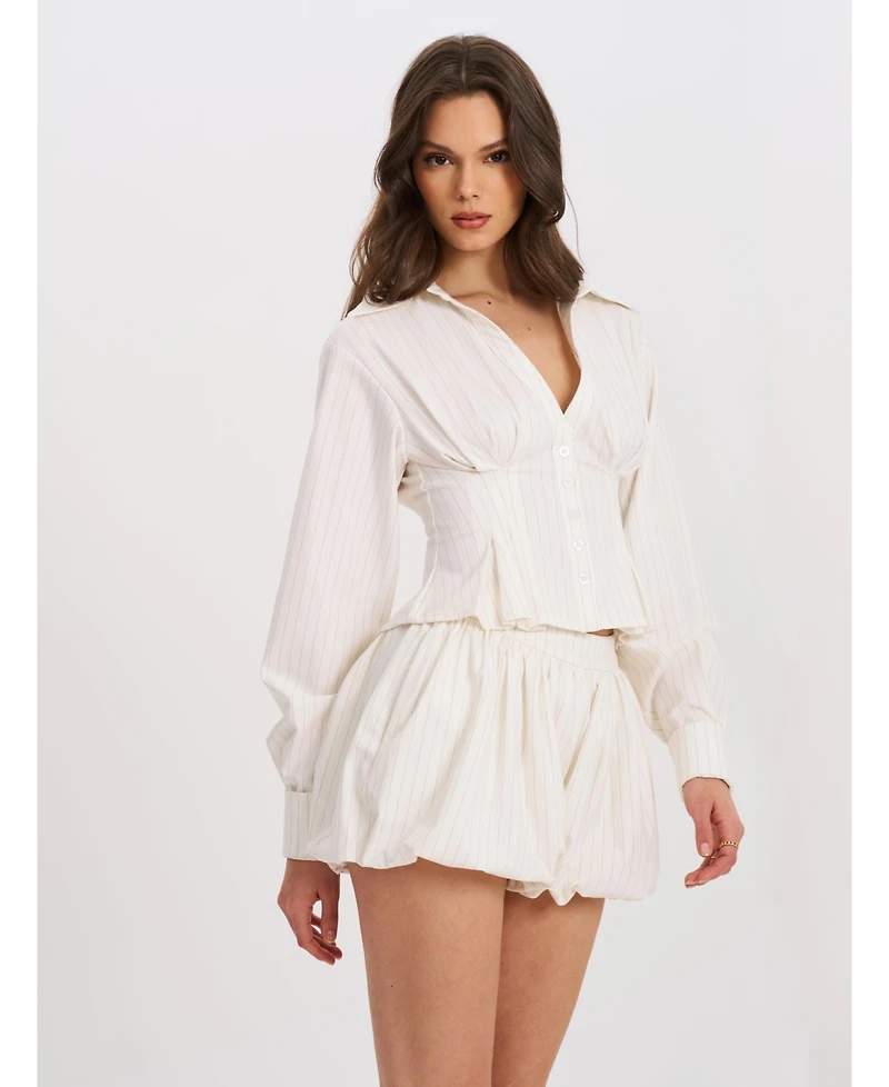 Miss Circle Women Sylvia White Pinstripe Deep V Pleated Shirt