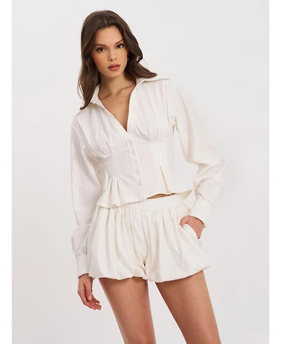 Miss Circle Women Sylvia White Pinstripe Deep V Pleated Shirt