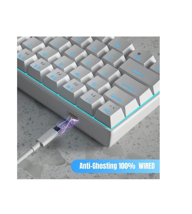 Risokeys 60% Wired Mechanical Gaming Keyboard, Ice Blue Led Backlit 61 Keys Mini Wired Office Keyboard For Windows Laptop (Black-White, Red Switches)