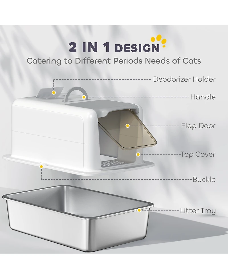 PawHut 2 in 1 Stainless Steel Cat Litter Box with Removable Lid,