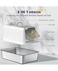 PawHut 2 in 1 Stainless Steel Cat Litter Box with Removable Lid,
