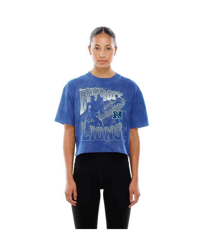 New Era Women's Blue Detroit Lions Cropped Boxy Sport Classics Mineral Wash T-Shirt