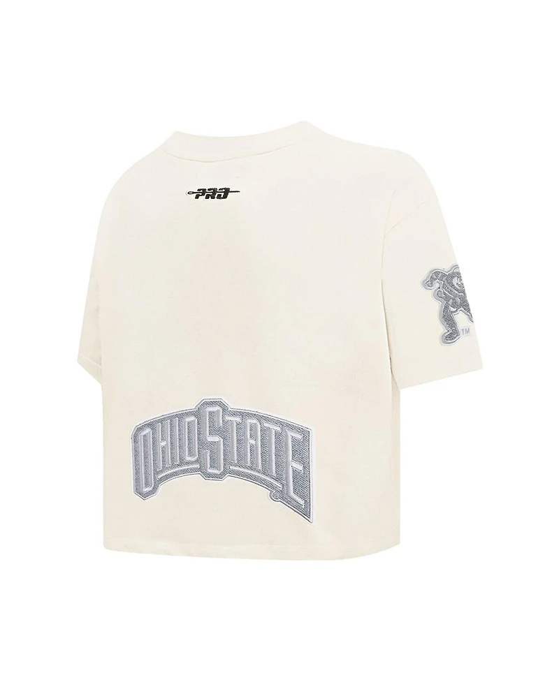 Pro Standard Women's Cream Ohio State Buckeyes Reverse French Terry Boxy Cropped T-Shirt