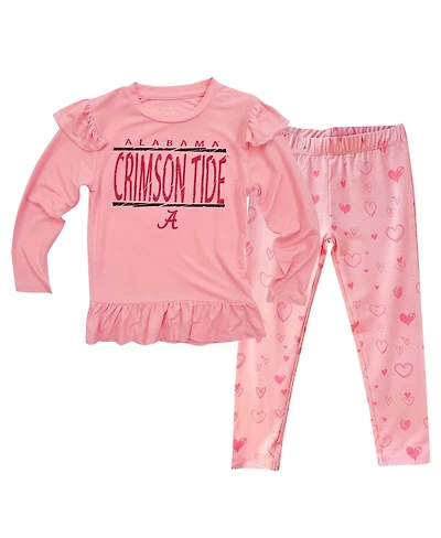 Wes & Willy Baby Boys and Girls Pink Alabama Crimson Tide Heart Print Ruffle Long Sleeve T-Shirt Pants Sleep Set