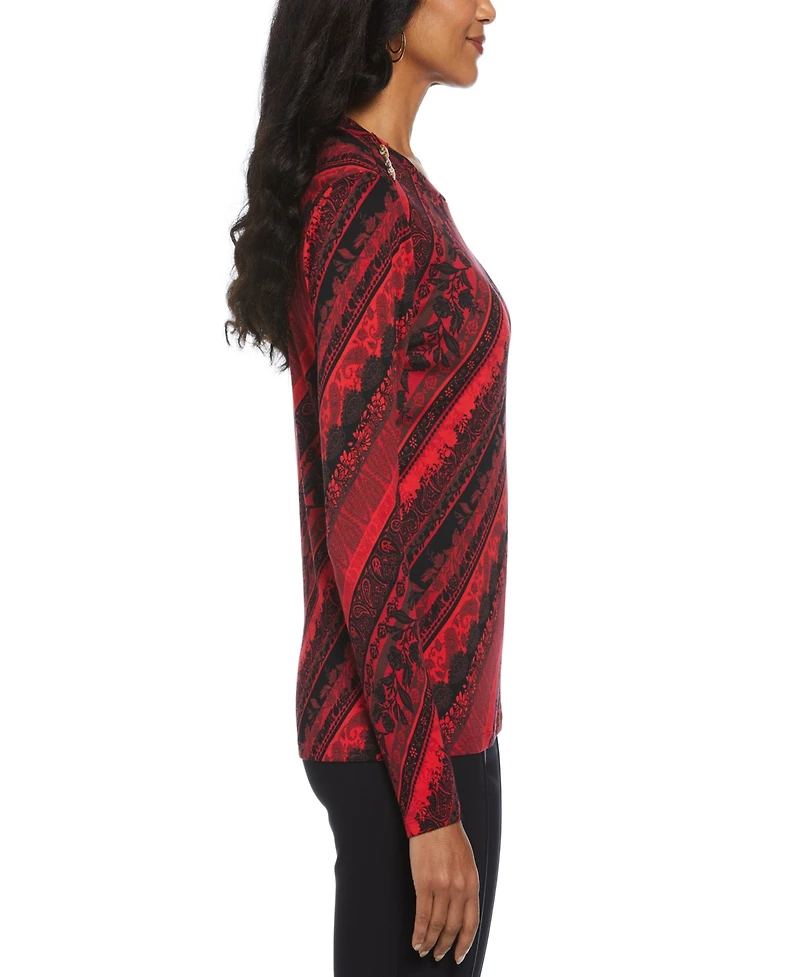 Rafaella Petite Paisley Stripe Button Detail Long Sleeve Top