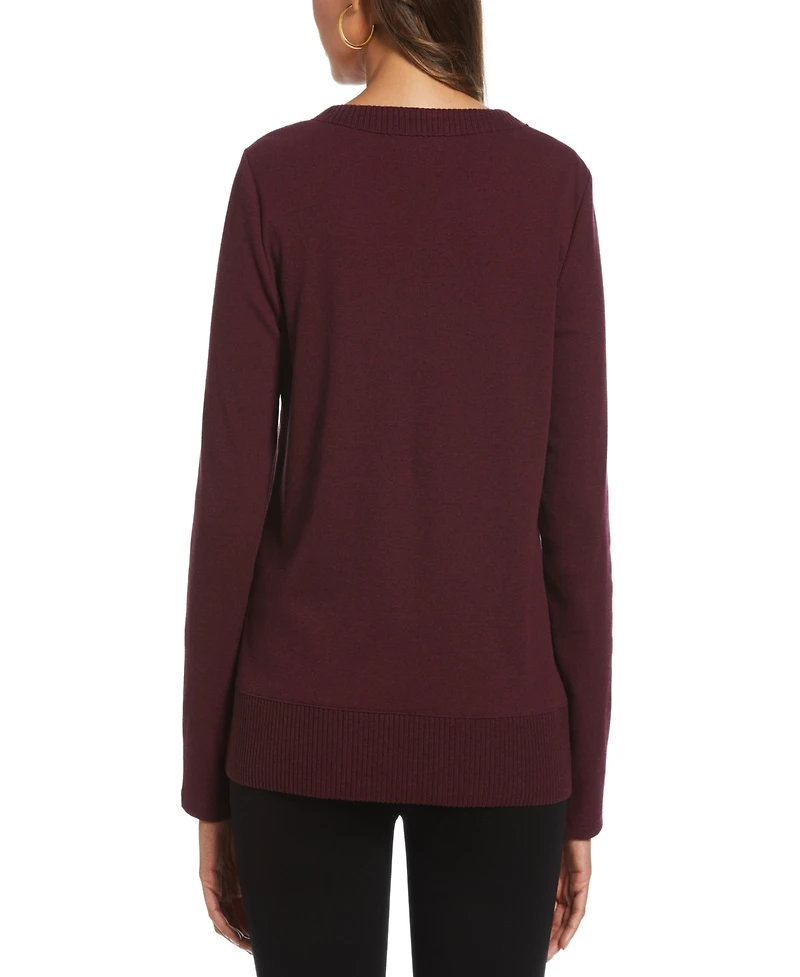 Rafaella Petite Ribbed Asymmetrical Fringe Hem Long Sleeve Top