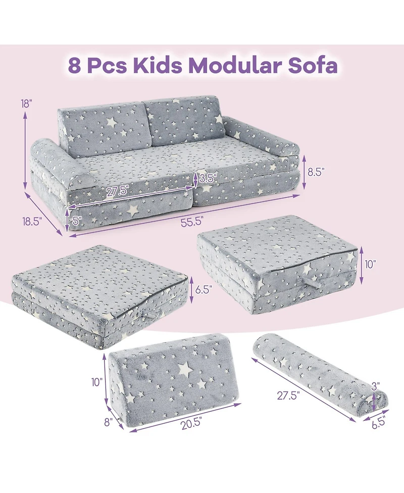 Slickblue 8-Piece Modular Kids Play Couch Sofa with Glow-in-the-Dark Accents – Fun and Safe Seating for Toddlers