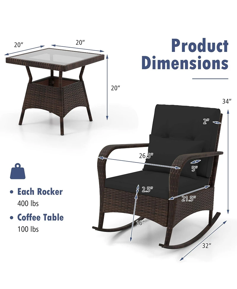 Slickblue 3-Piece Pe Wicker Rocking Chair Patio Set with Tempered Glass Table – Ideal for Poolside, Backyard, or Porch
