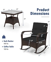 Slickblue 3-Piece Pe Wicker Rocking Chair Patio Set with Tempered Glass Table – Ideal for Poolside, Backyard, or Porch