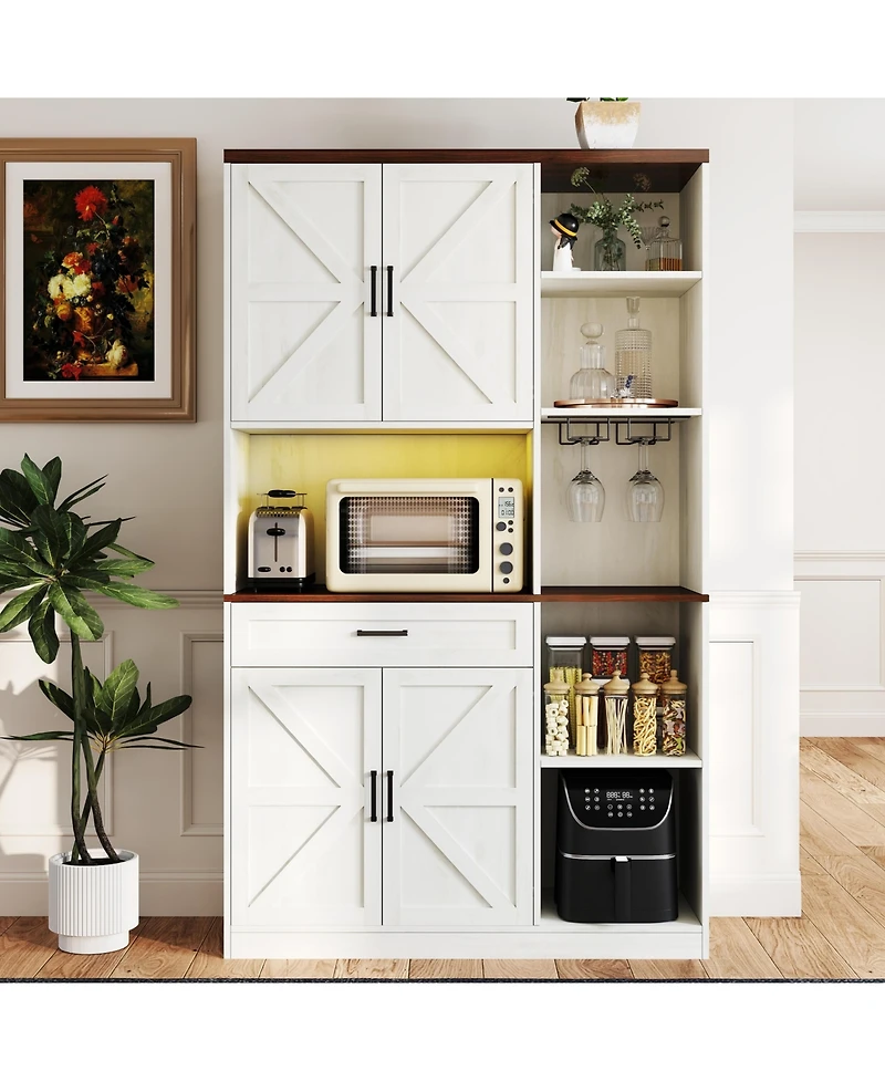 Casainc 71" Farmhouse Kitchen Pantry with Hutch, Microwave Stand, Drawer & Charging Station