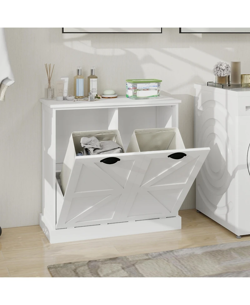 Casainc Tilt-Out Laundry Hamper Cabinet with Two Sorting Compartments and Top Shelf Organizer