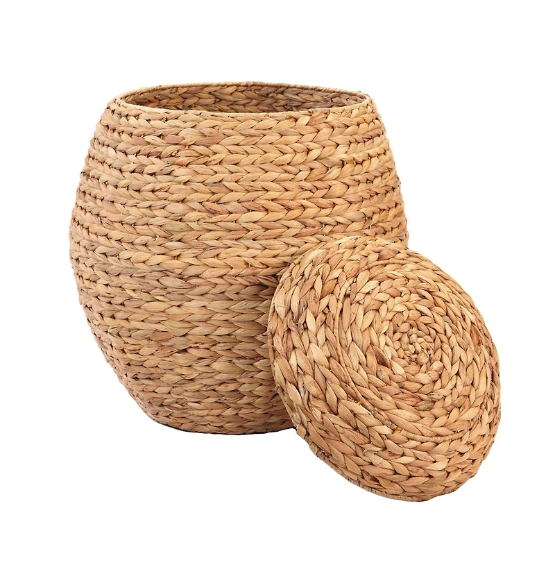 Wickerwise Water Hyacinth Natural Multipurpose Barrel Storage Tub with Lid, Basket for Organizing, Ottoman Stool