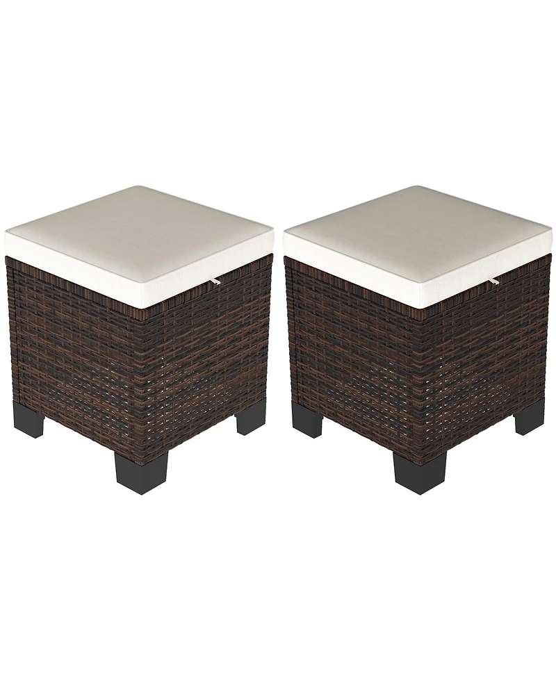 Outsunny Wicker Outdoor Ottoman Footstool Set of 2 with Cushions,