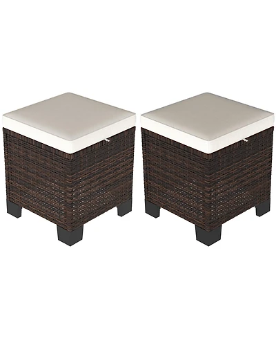 Outsunny Wicker Outdoor Ottoman Footstool Set of 2 with Cushions,