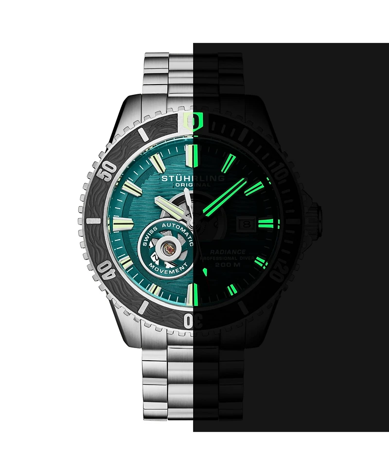 Stuhrling 1013 Men s Automatic Watch Swiss Movement Turquoise Dial Gunmetal Bezel Stainless Steel Bracelet 200M Water Resistant Diver Date Window