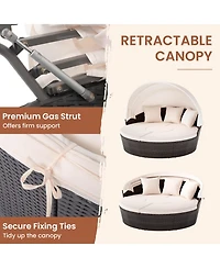 Costway Patio Round Daybed Pe Rattan Cushioned Sectional Seating with Retractable Canopy