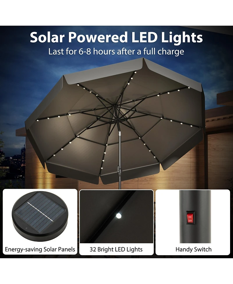 Gymax 10 Ft Solar Patio Umbrella w/ 32 Led Lights 3-Tier Vented Top & Tilt Adjustment