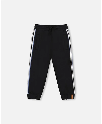 Deux par Boy Fleece Sweatpants with Side Stripes Black