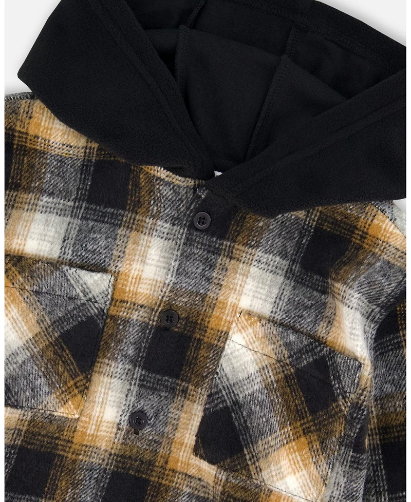 Deux par Boy Hooded Polar Fleece Overshirt with Hood Black and Brown Plaid - Child