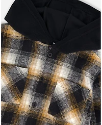 Deux par Boy Hooded Polar Fleece Overshirt with Hood Black and Brown Plaid - Child