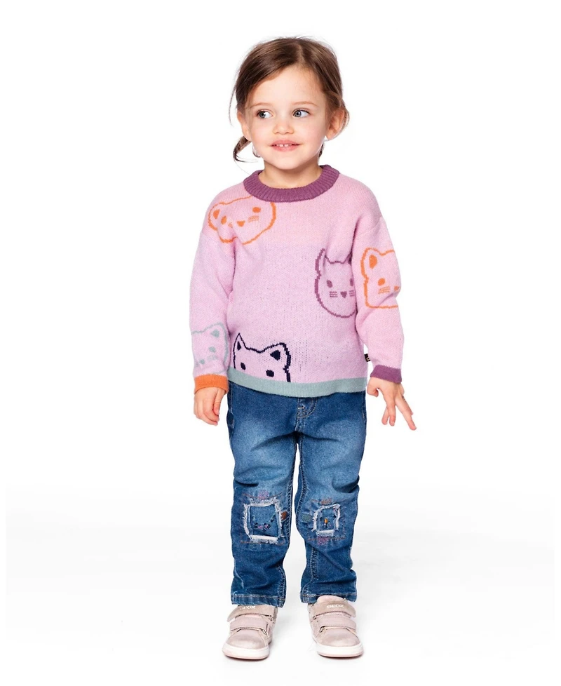Deux par Toddler Girls Knit Jacquard Sweater Dusty Pink with Cats - Toddler|Child