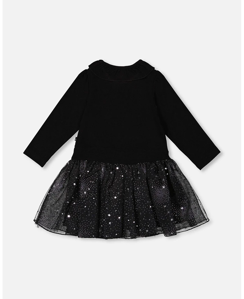 Deux par Girl Bi-Material Dress with Glittering Skirt Black