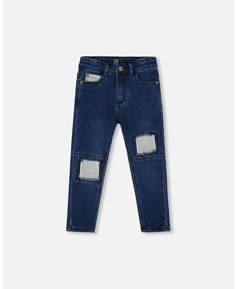 Deux par Big Boys French Terry Blue Denim Pants with Contrasting Patch