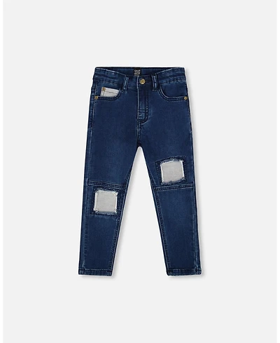 Deux par Big Boys French Terry Blue Denim Pants with Contrasting Patch