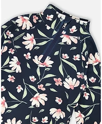 Deux par Big Girls Two-Piece Thermal Underwear Set Navy Flower Print