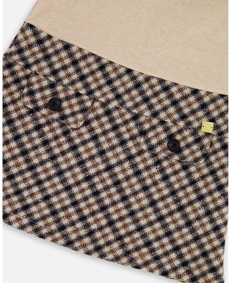 Deux par Girl Long Sleeve Bi-Material Mock Neck Dress Beige and Plaid