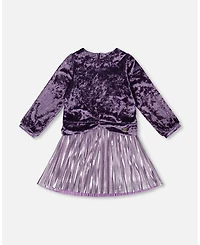 Deux par Girl Long Sleeve Bi-Material Velour and Jersey Dress Purple Gray - Child