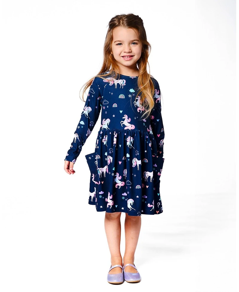 Deux par Girl Jersey Dress with Pockets Navy Unicorn Print