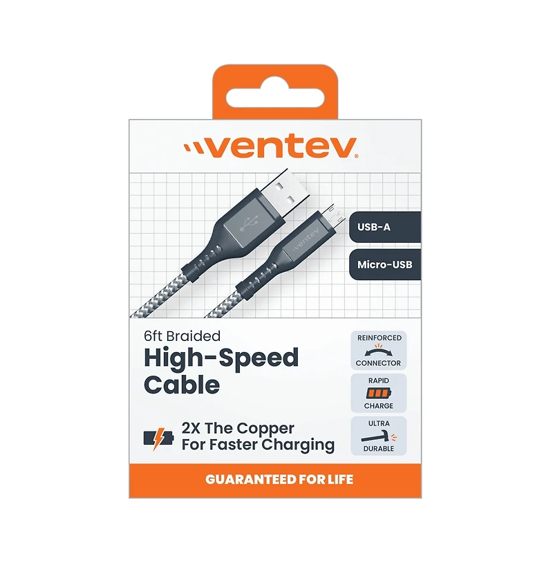Ventev Braided Usb A to Micro Usb High Speed 6 Foot Cable-Gray